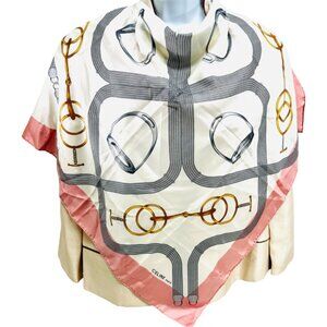CELINE  PARIS Silk Satin Lg Scarf  33"  Light pink white sillver rope chain (58)